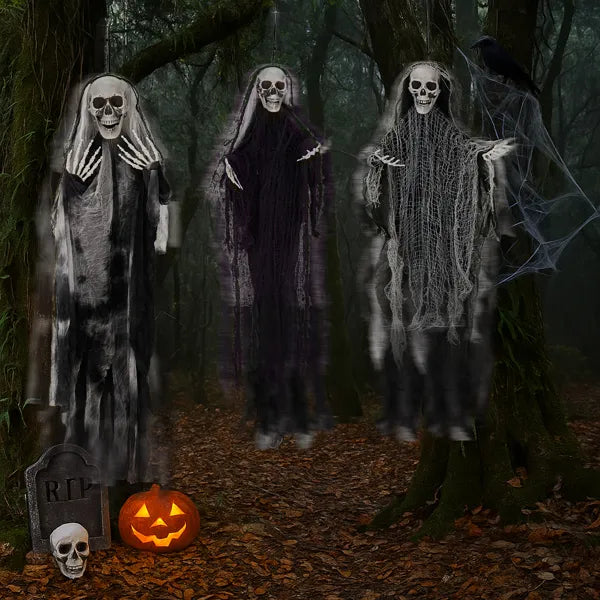 3 Pack Hanging Halloween Skeleton Ghosts Decorations, Grim Reapers For Best Halloween Outdoor Decorations