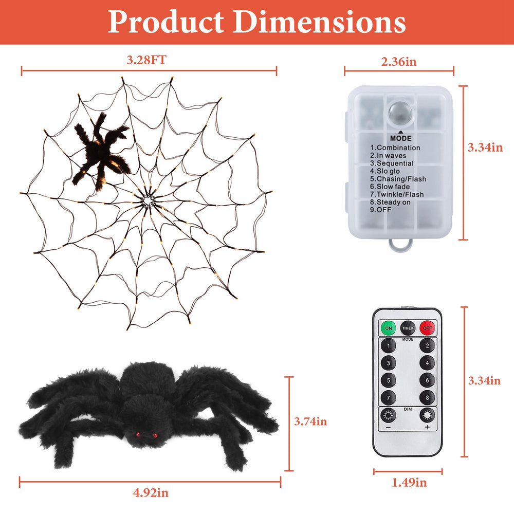 3.28FT Spider Web Light With Hairy Spider 70LED Battery Powered Remote Control 8 Lighting Modes Glowing Outdoor Indoor Wall Halloween Decoration